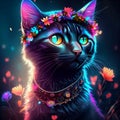 Beautiful black cat in a wreath of flowers on a dark background. AI Generated Royalty Free Stock Photo