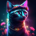 Beautiful black cat in a wreath of flowers on a dark background AI Generated Royalty Free Stock Photo