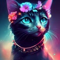 Beautiful black cat in a wreath of flowers on a dark background Generative AI Royalty Free Stock Photo