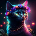 Beautiful black cat in a wreath of flowers on a dark background. Vector illustration. generative AI Royalty Free Stock Photo