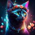 Beautiful black cat with a wreath of flowers on his head on a dark background. AI Generated Royalty Free Stock Photo