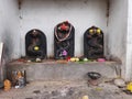 Beautiful black color stone snake statue decorated with flower during festival