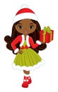 Beautiful Black Girl Holding Christmas Gift Box. Vector Christmas Girl Royalty Free Stock Photo