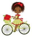 Beautiful Cute African American Girl Riding Bicycle with Basket Full of Red Poppies. Vector Young Girl with Poppies Royalty Free Stock Photo