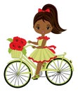 Beautiful Cute African American Girl Riding Bicycle with Basket Full of Red Poppies. Vector Young Girl with Poppies Royalty Free Stock Photo