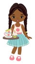 Beautiful Young Black Girl Holding Tea Cups and Cupcake. Vector Tea Party Royalty Free Stock Photo