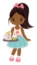 Beautiful Young Black Girl Holding Tea Cups and Cupcake. Vector Tea Party