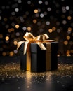 A beautiful black and gold Christmas present on a solid color background - festive glitter and ribbons Royalty Free Stock Photo