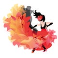 Beautiful black-haired girl dancing flamenco, isolated on a white background. The hem of the dress flies up like a flame