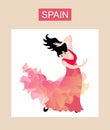 Beautiful black-haired Spanish girl dressed in a long red dress dancing flamenco with a translucent shawl Ã¢â¬â a manton