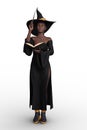 Beautiful black Halloween witch casting a spell from her grimoire with a magic wand. Isolated 3D rendering Royalty Free Stock Photo