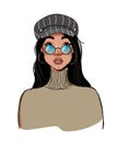 Beautiful black hipster girl in blue glasses and a fashionable cap. Linear sketch, model of a woman in fashionable clothes. Vector