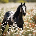 Beautiful black horse standing in a field of white flowers Royalty Free Stock Photo