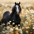 Beautiful black horse standing in a field of white flowers Royalty Free Stock Photo