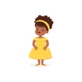 Beautiful black little girl posing in yellow dress, young lady dressed up in classic retro style vector Illustration