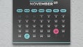 Close-up of a black beautiful November page of the calendar 2023 with the marked Black Friday and Cyber Monday dates on it Royalty Free Stock Photo