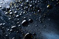 Beautiful black oil with glitter and colored bubbles in oil and watercolor. Golden sparkle particles. Macro oil ink bub