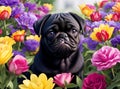 Beautiful black pug puppy in the middle of lots of colorful flowers