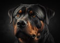 Beautiful black Rottweiller dog posing to camera in front of black background. Genearative AI of a Rottweiler..