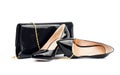 Beautiful black shoes with clutches on white isolated