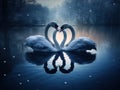 Beautiful black swan in heart shape on lake blue moon light Royalty Free Stock Photo