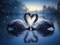 Ai Generated illustration Wildlife Concept of Beautiful black swan in heart shape on lake blue moon light Royalty Free Stock Photo