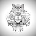 Beautiful black tattoo design of an owl holding a key with a heart locket and roses Royalty Free Stock Photo