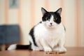 Beautiful black and white female cat with cute black spot on the pink nose sitting on a table in front of dry food granules and lo