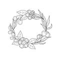 Beautiful black and white floral wreath. Contour round frame of flowers, leaves and twigs, white background Royalty Free Stock Photo