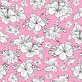 Beautiful black and white hibiscus tropical flower pattern vector. Pink background. Illustration Royalty Free Stock Photo