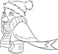 Adorable black and white illustration of a winter sparrow, perfect for children`s coloring book or Christmas card
