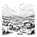 a beautiful black and white illustration of a rural setting A Peaceful Valley Royalty Free Stock Photo