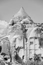 Black and white of ancient cave house ruins in Cappadocia Royalty Free Stock Photo