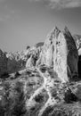 Black and white of ancient cave house ruins in Cappadocia