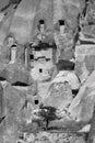 Black and white of ancient cave house ruins in Cappadocia Royalty Free Stock Photo