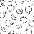 Beautiful black and white seamless doodle pattern with cute doodle apples sketch. Hand drawn trendy background. design background Royalty Free Stock Photo