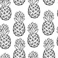 Beautiful black and white seamless doodle pattern with cute doodle pineapple sketch. Hand drawn trendy background. design Royalty Free Stock Photo