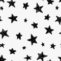 Beautiful black and white seamless night sky pattern with doodle textured stars, hand drawn.