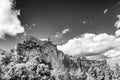 Beautiful black and white view of the rock spur on which the fortress of San Leo stands, Rimini, Italy