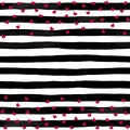 Beautiful black and white watercolor striped background with red hearts. Royalty Free Stock Photo
