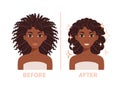 Beautiful Black Woman with Bad and Damaged hair on Head. Afro Curls. Treatment and Hair Care. Before After. Haircut. Happy Girl