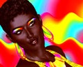 Beautiful Black Woman with colorful make up and a wavy Summer fun background