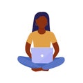 Beautiful black woman with laptop sitting on the floor