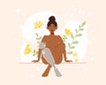 Beautiful black woman with prosthesis. Female vector character with prosthetic leg on floral background. Flat cartoon style