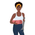 Beautiful black woman with prosthetic arm holding yoga mat ready to workout