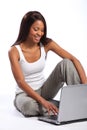 Beautiful black woman using laptop big smile Royalty Free Stock Photo