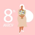 Beautiful Black woman in white dress hold bouquet of flowers. International womens day. 8th march. Vector illustration