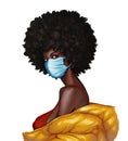 Beautiful black woman young with afro hairstyle in a red dress and a yellow puffy jacket in a medical mask.
