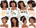 Beautiful black womans with different hair style and face types. Trending womans with flowers, leaves. Collection