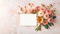 Beautiful blank card with flowers o pink background with copy space